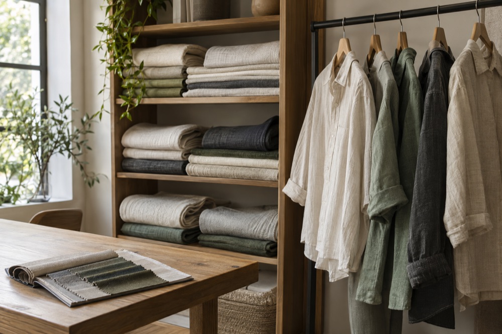 Illustrative clothing sample rail and folded textiles in a development studio