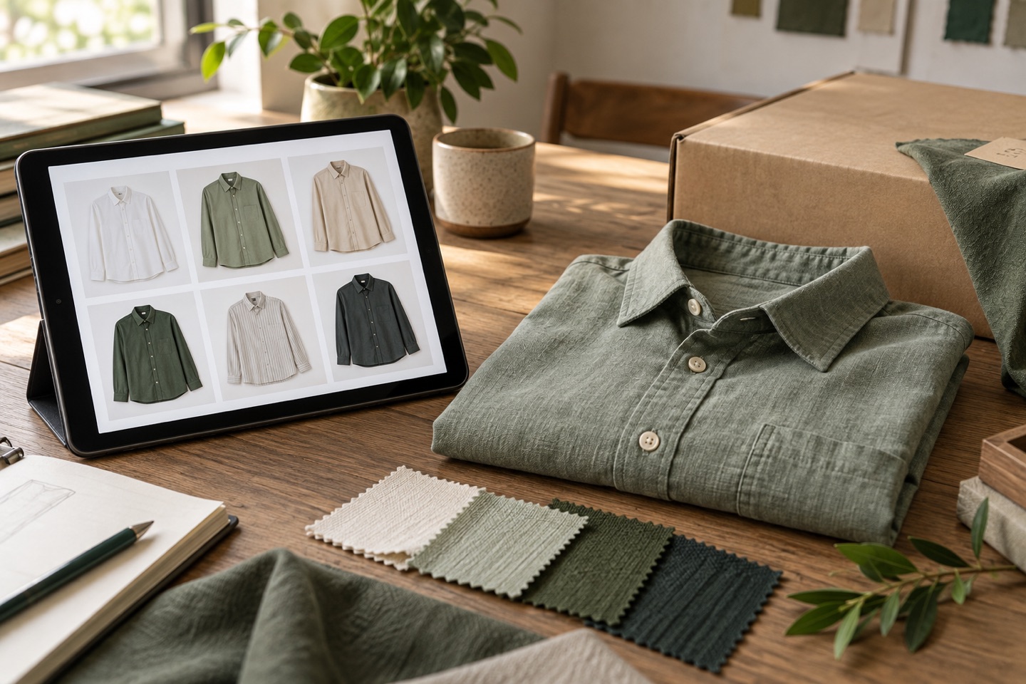 A tablet with shirt thumbnails beside a physical garment sample and fabric swatches