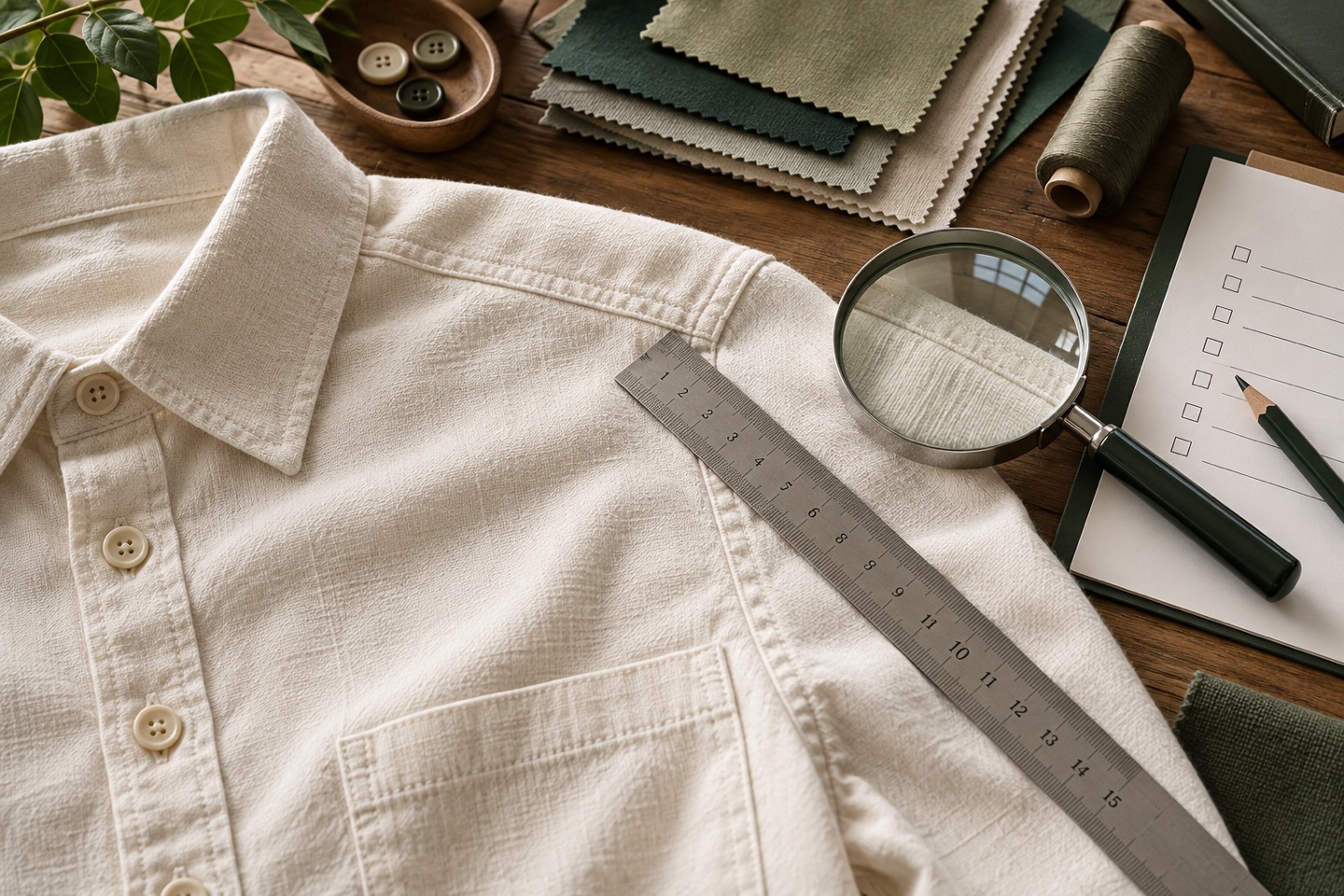 Cream shirt stitching and buttons with a ruler and inspection materials