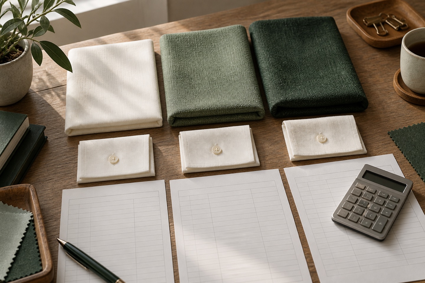 Different cotton fabrics, shirt cuffs and costing materials arranged for comparison