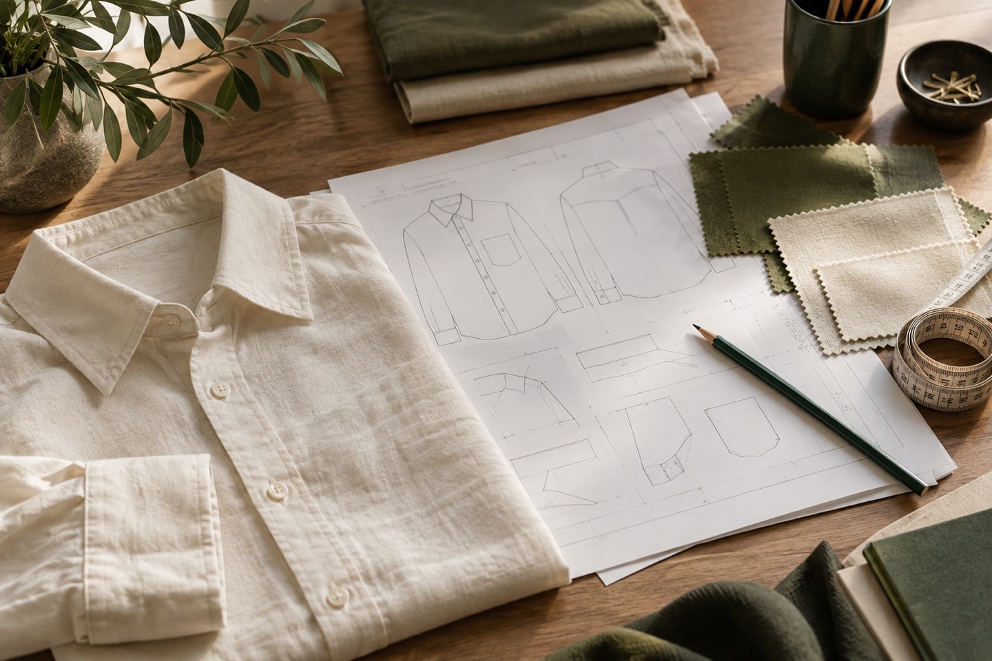 Cream shirt, garment drawings and fabric swatches arranged for preparing an apparel brief