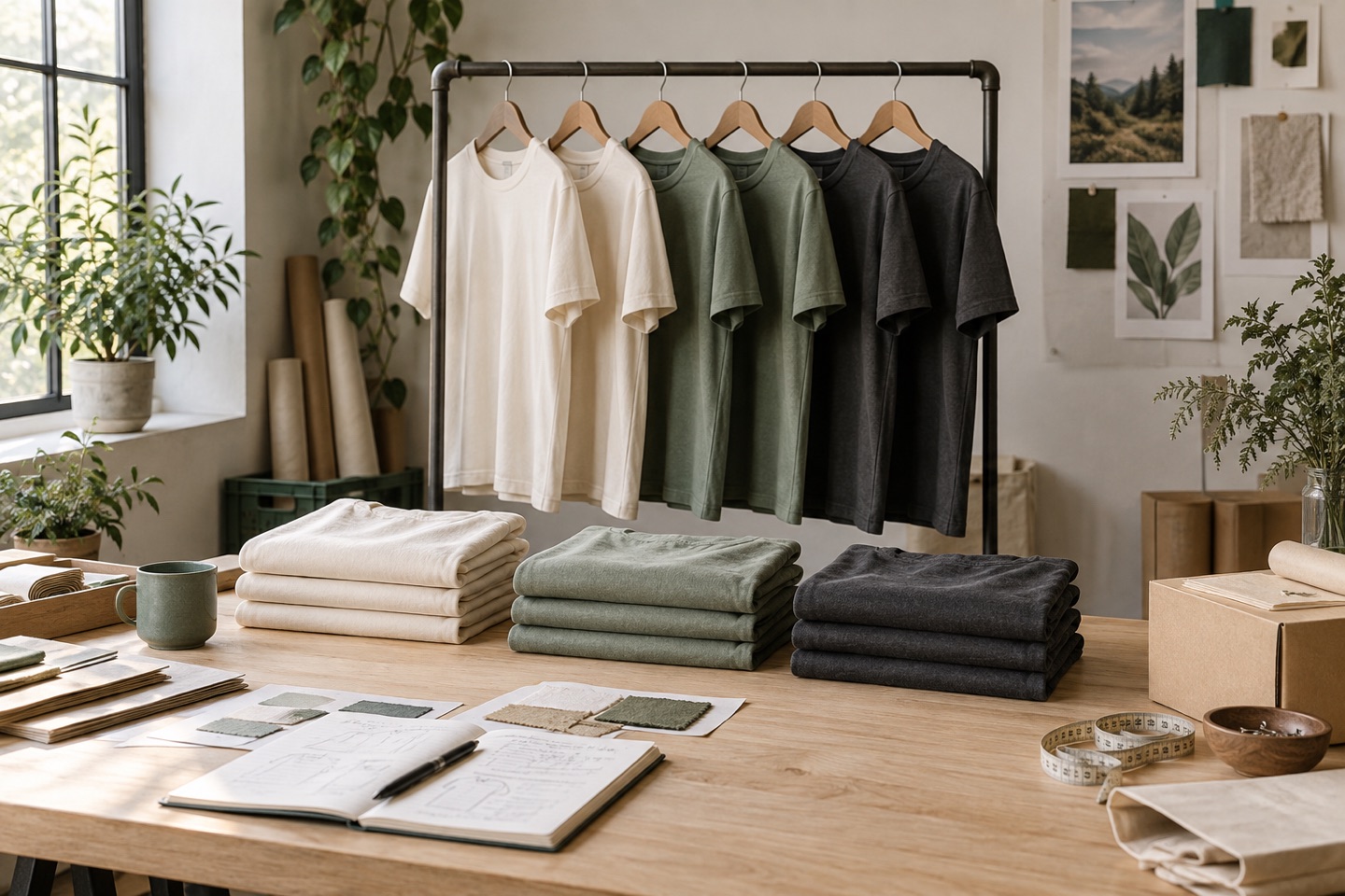 A small rail of neutral sample shirts and folded garments in a studio